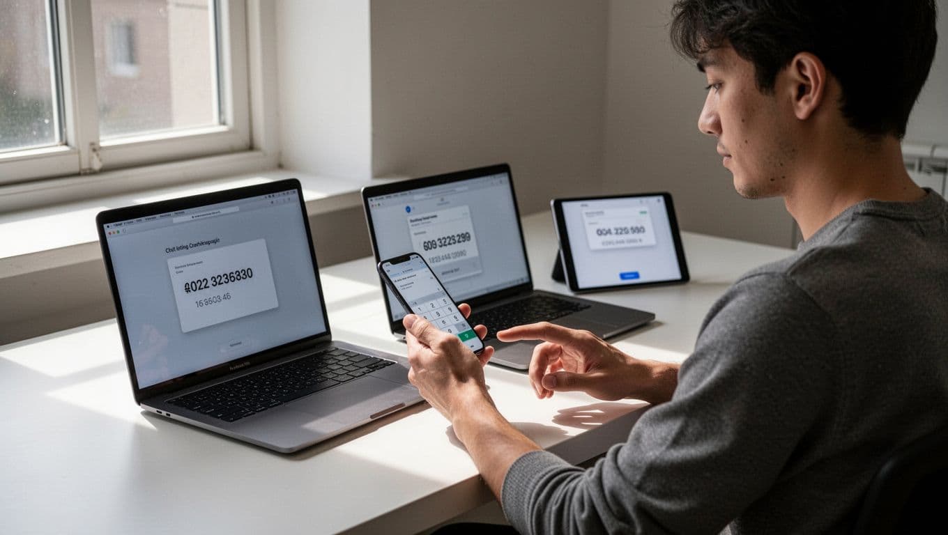 A focused person at a desk cross-checks a phone number on computer, tablet, and smartphone screens with green verification checkmarks in a clean vector illustration style.