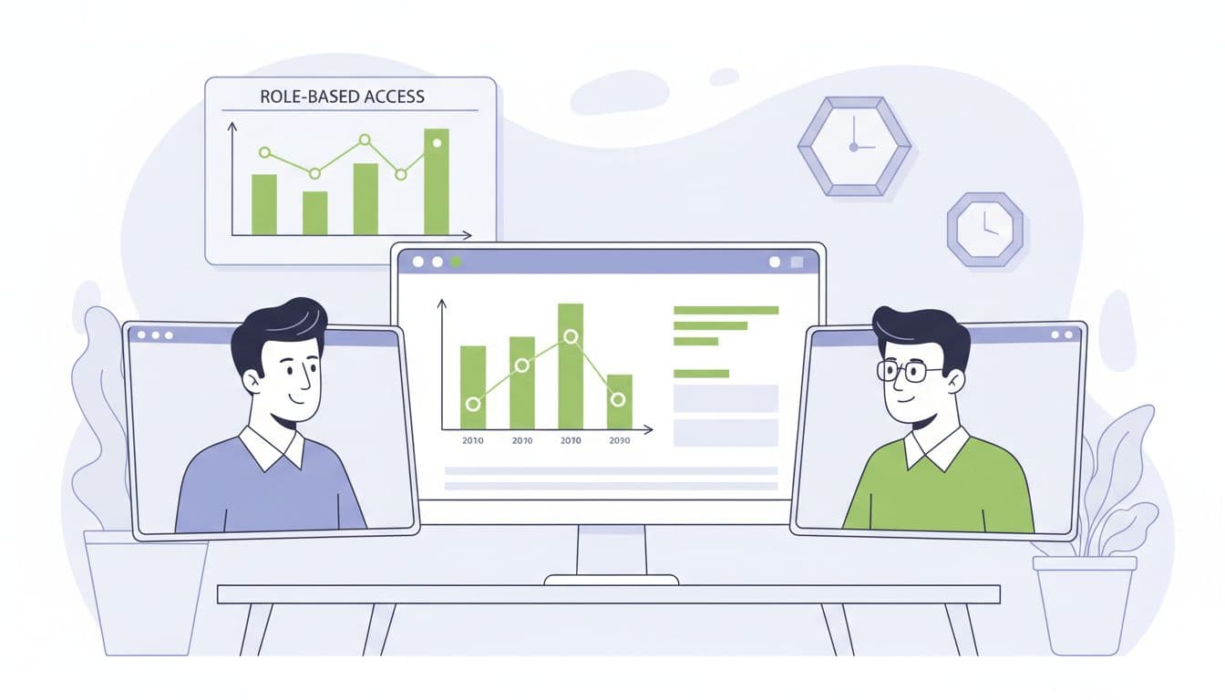 Hiring manager conducts video interview with IGA analyst candidate on screens in conference room with role-based access charts in background.