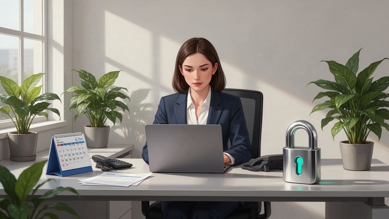 Modern illustration of an executive assistant at a desk cautiously checking email on a laptop screen angled away, with a subtle secure lock icon, calendar, phone, and plants in an office setting, emphasizing vigilance against phishing and BEC risks.