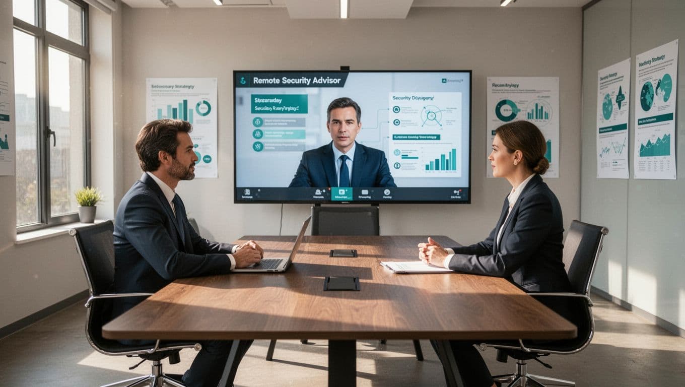 Modern illustration in consistent style: small business team in conference room discussing security strategy with a virtual CISO via video call on screen, featuring clean lines, green accents on charts, and natural light.