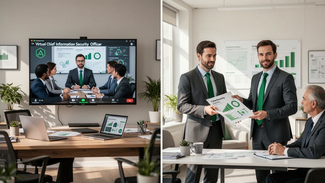 Modern split-composition illustration showing a virtual CISO leading a video team meeting on the left and a cybersecurity consultant presenting a report in person to executives on the right, in a clean office setting with green accents.