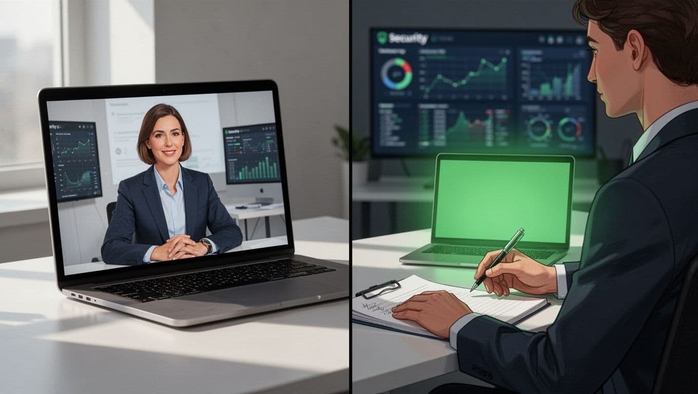 Illustration of a hiring manager on a laptop screen conducting a virtual interview with a security data analyst at their desk, featuring notes and a blurred security dashboard in the background. Modern style with clean shapes, #22C55E accents, split composition, and natural lighting.