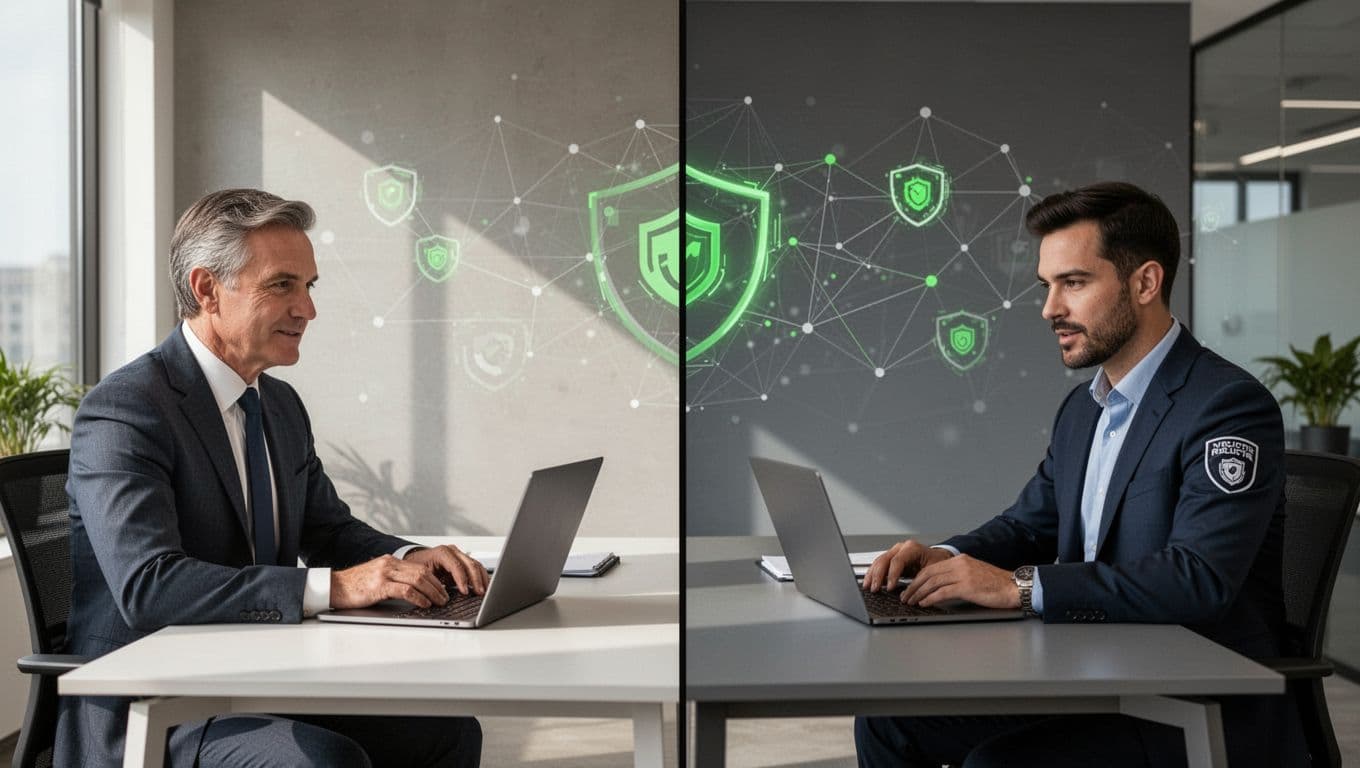 Illustration of an IT leader and network security consultant in a virtual meeting on split screens, discussing network architecture charts with subtle green highlights on secure elements. Clean modern style with relaxed postures and office settings.
