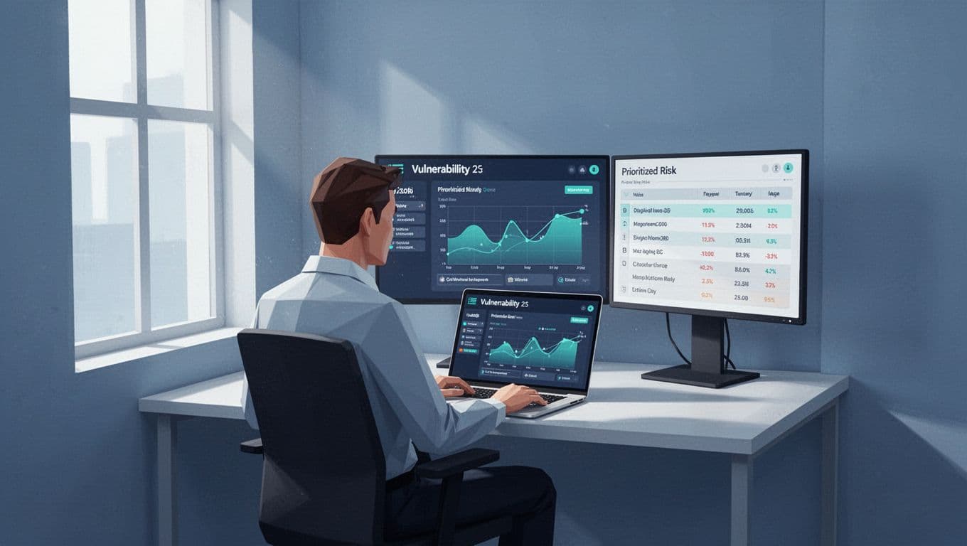 Vulnerability management analyst in a small modern office, sitting relaxed at desk with laptop open to vulnerability dashboard and another screen showing prioritized risk list, clean shapes illustration style in cool blue tones with green accents.