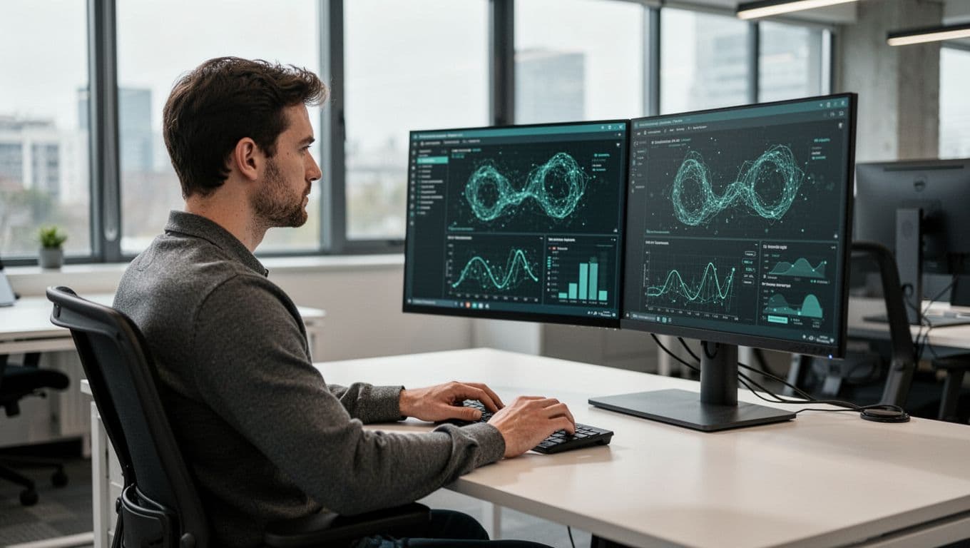 Modern illustration of a vulnerability management engineer seated at a desk with dual computer screens displaying vulnerability scans and dashboards in a contemporary office setting.