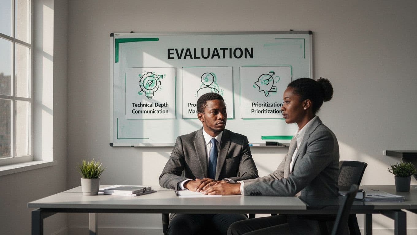Person reviews hiring scorecard for vulnerability management lead on desk with checklist icons and green checkmarks.