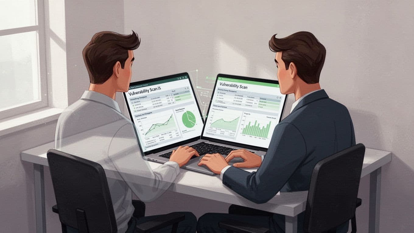 Modern illustration of a cybersecurity professional at a simple desk in a small office, reviewing vulnerability scan reports on a laptop screen angled to show charts with green accents, relaxed hands on keyboard, natural lighting, clean shapes and controlled colors.