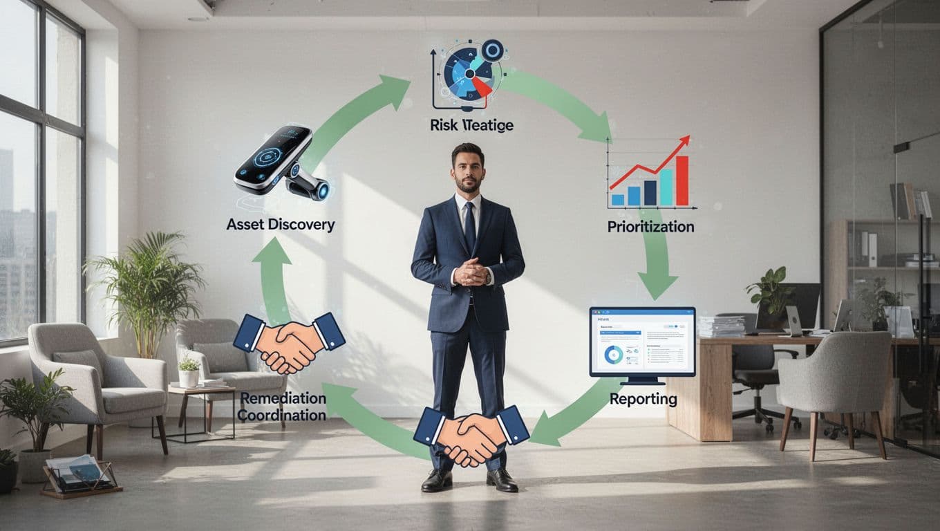 Central leader coordinates four stages—asset discovery, prioritization, remediation, reporting—linked by green arrows in a cycle against modern office background.