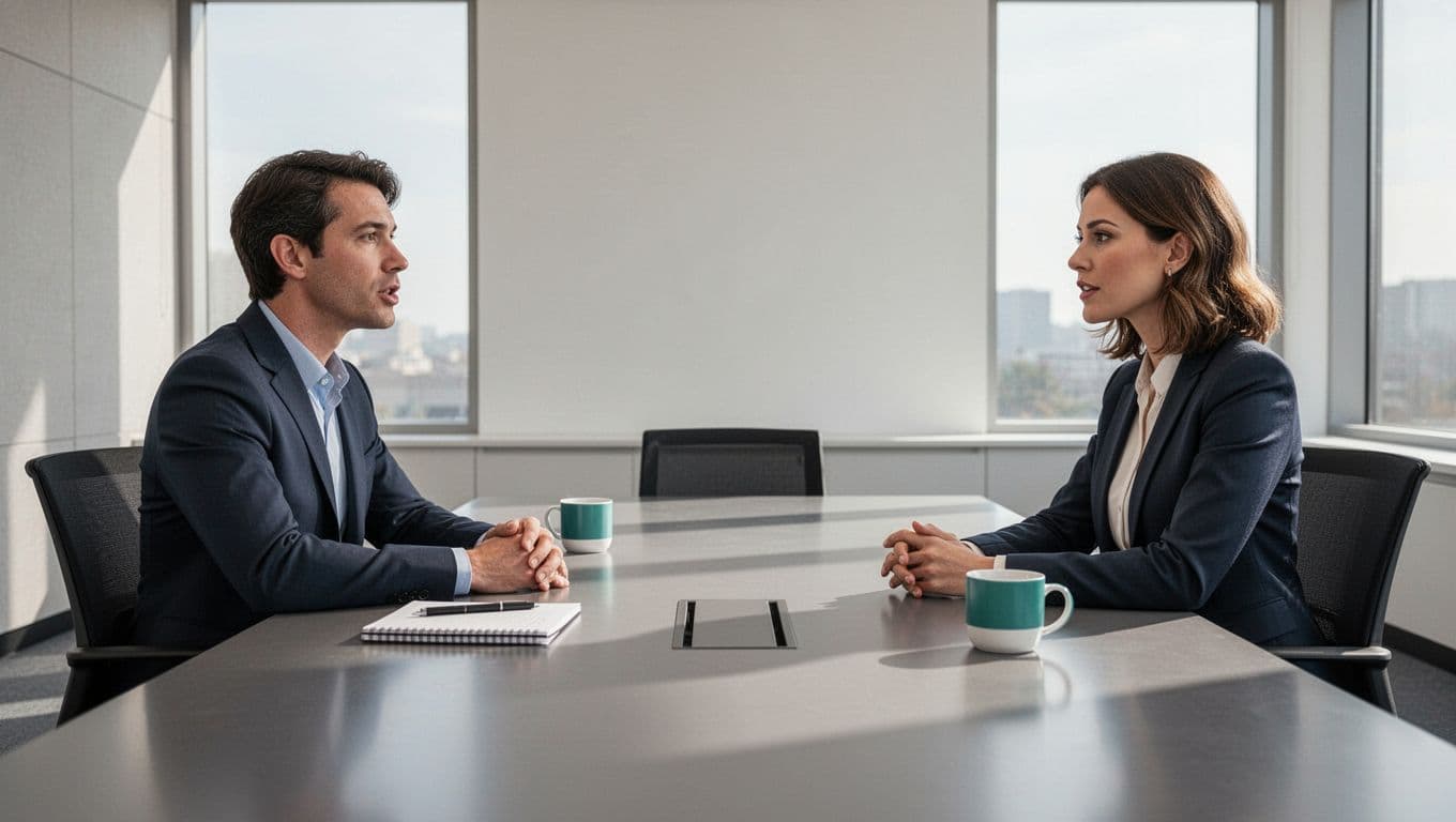 Two professionals across a conference table discuss vulnerability prioritization, relaxed hands on notebook and green-accented coffee mug.