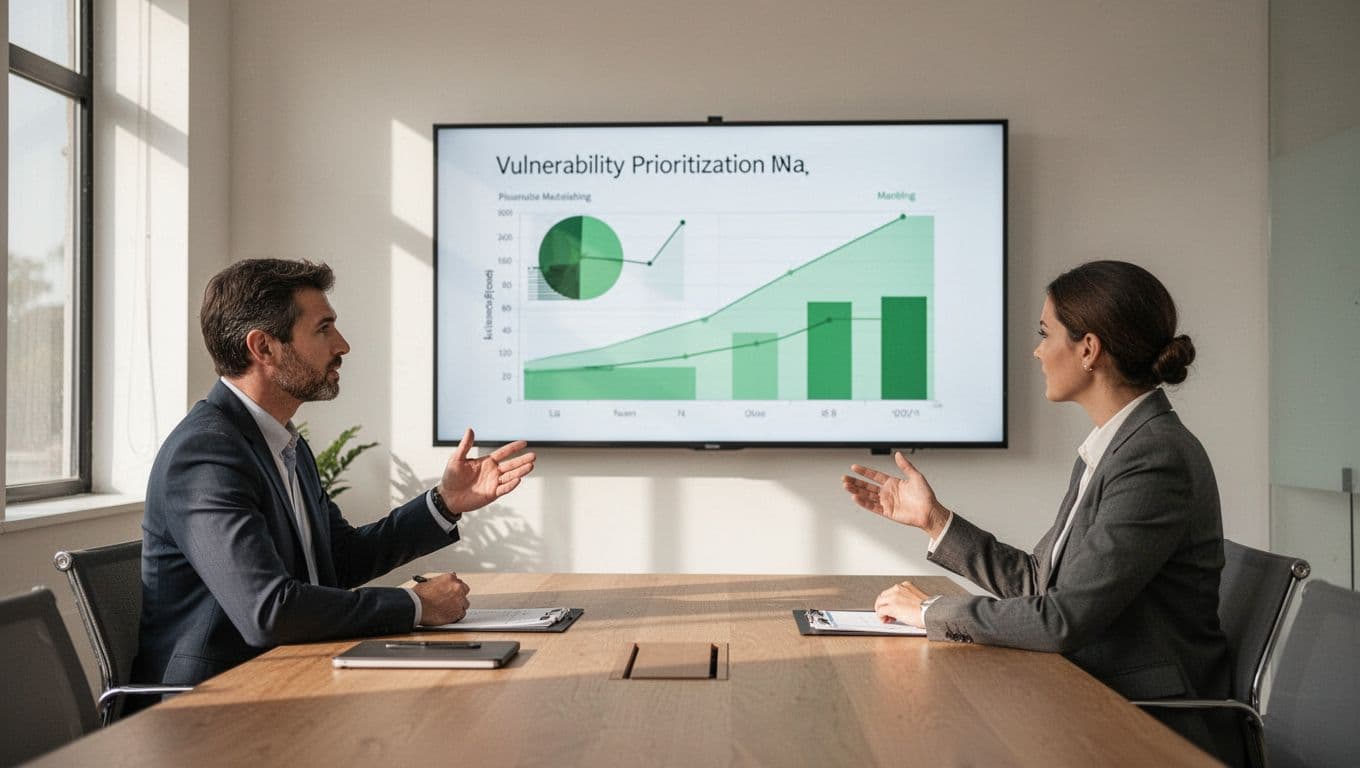 Modern illustration of two professionals in a meeting room, one presenting a vulnerability prioritization matrix on a shared screen with simple green-accented charts, natural light, small team vibe.