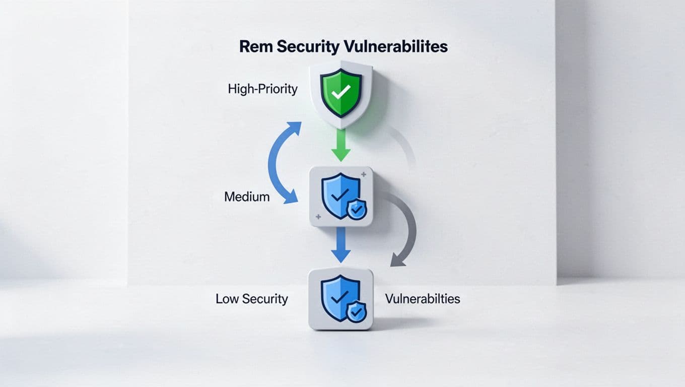 Flowchart with icons for high, medium, low vulnerabilities prioritized sequentially, arrows indicating remediation on white background.