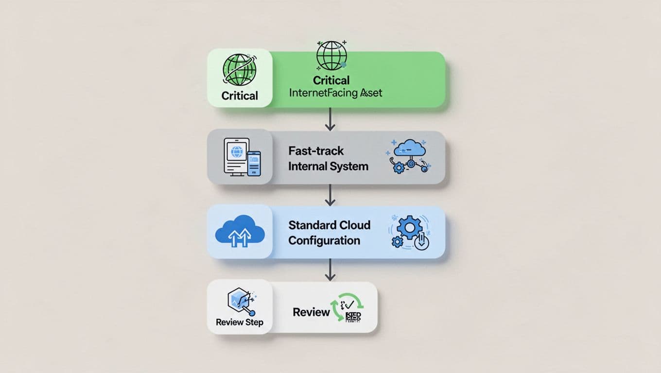 Tiered flowchart shows decision paths with icons for critical internet-facing assets, internal systems, and cloud misconfigurations.