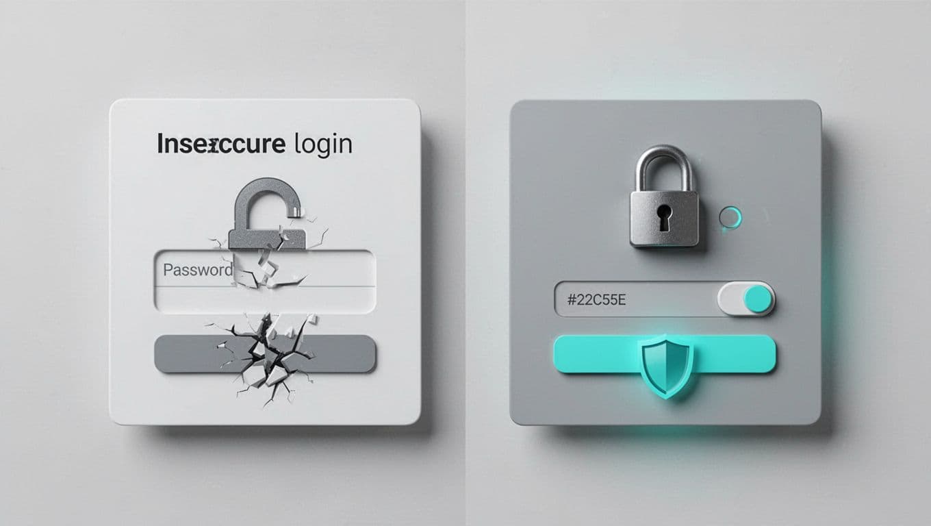 Side-by-side panels: left weak login with exposed password field and no HTTPS; right strong with HTTPS lock, MFA toggle, and rate limit shield.