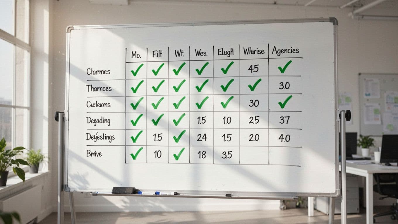 Modern illustration of a simple weighted comparison matrix table on a whiteboard, with columns for agencies like Agency A and Agency B, and rows for criteria such as time-to-fill and pricing, featuring checkmarks and scores in clean shapes and #22C55E green for positive marks.