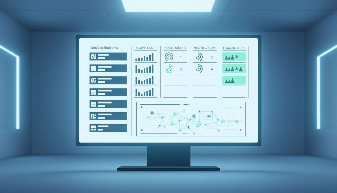 Dashboard on large SOC monitor shows Windows endpoints with admin counts and flagged issues.