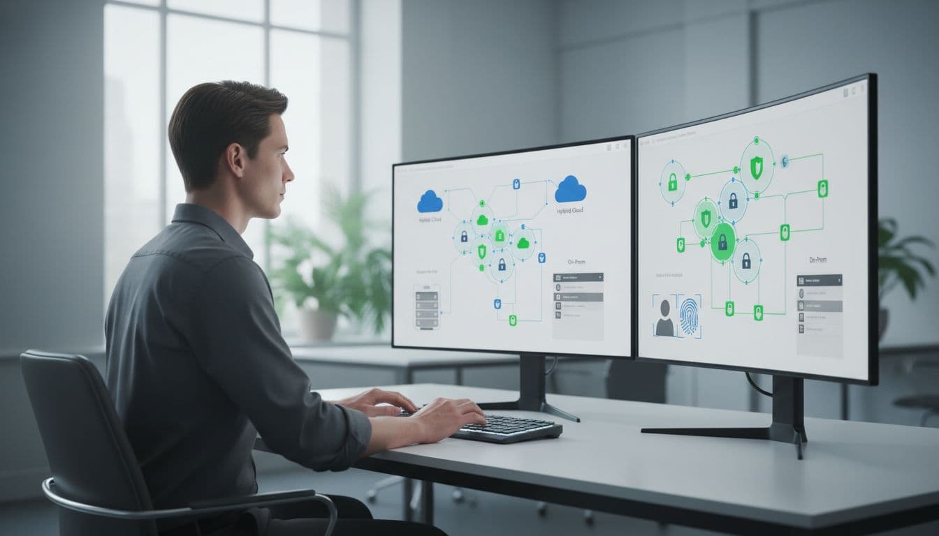 Zero trust architect at desk in modern office reviews network diagram on dual monitors showing microsegmentation and identity icons.