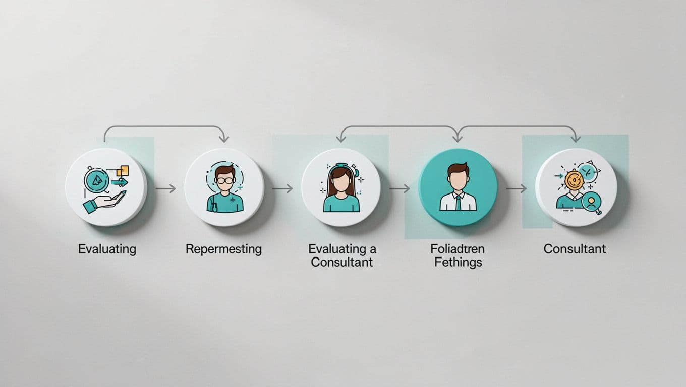 Modern step-by-step flowchart illustrating the evaluation process for zero trust consultants, featuring icons for checklist, assessment, roadmap, and implementation with clean shapes, neutral background, and green accents.