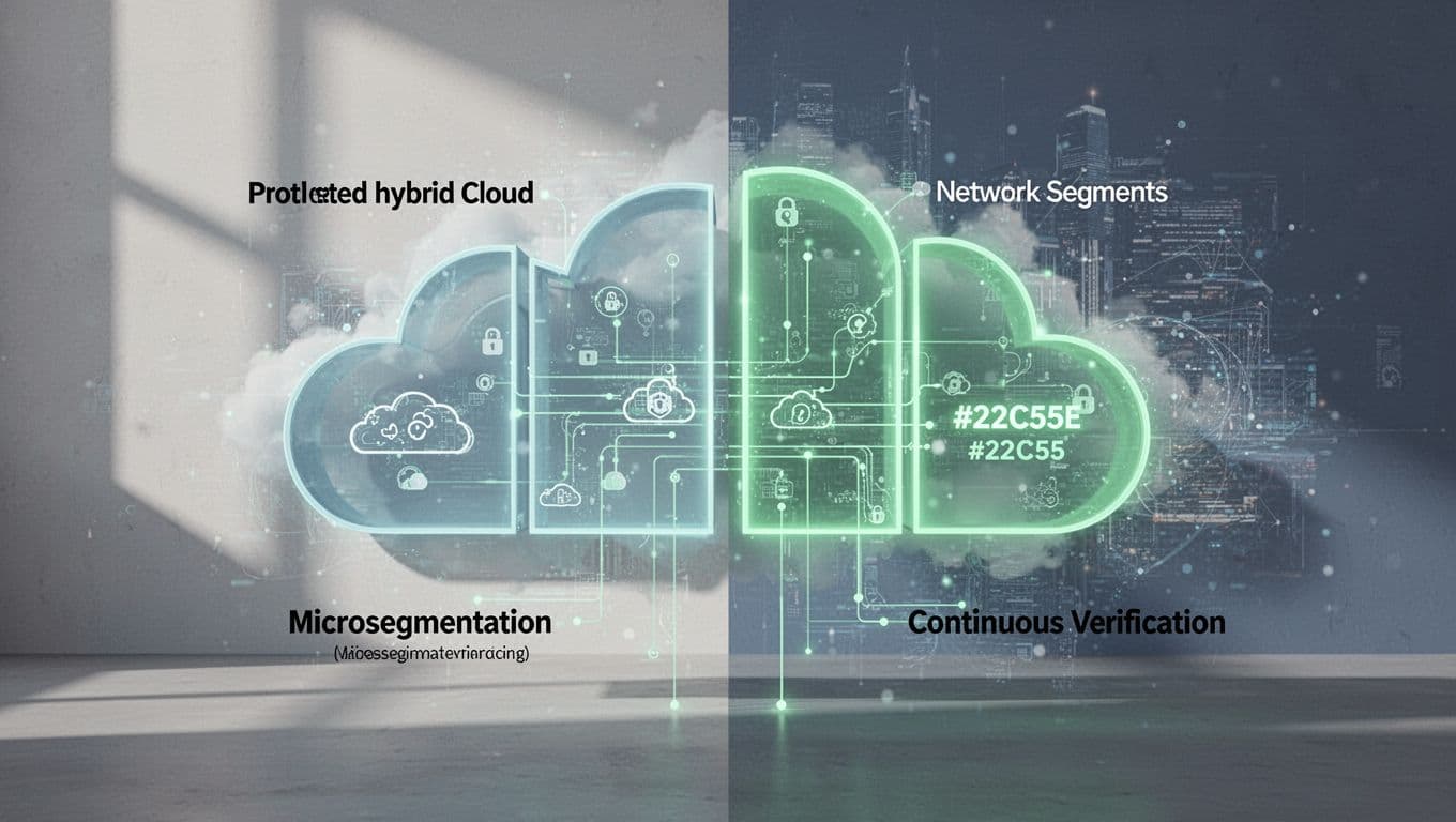 Modern abstract illustration of a secure hybrid cloud environment with microsegmentation and continuous verification, shown as protected network segments using clean shapes, #22C55E secure zones, and soft lighting.