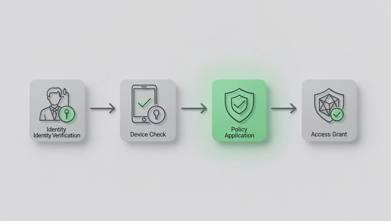 Clean flowchart with shapes for identity verify, device check, policy apply, access grant linked by arrows on neutral background.