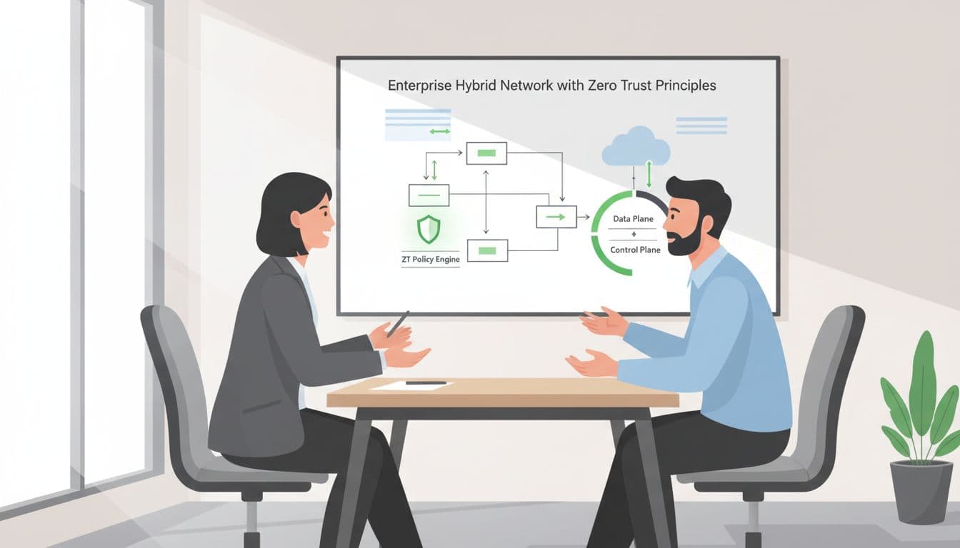 Hiring manager and candidate discuss whiteboard diagram of hybrid network with zero trust principles in office room.