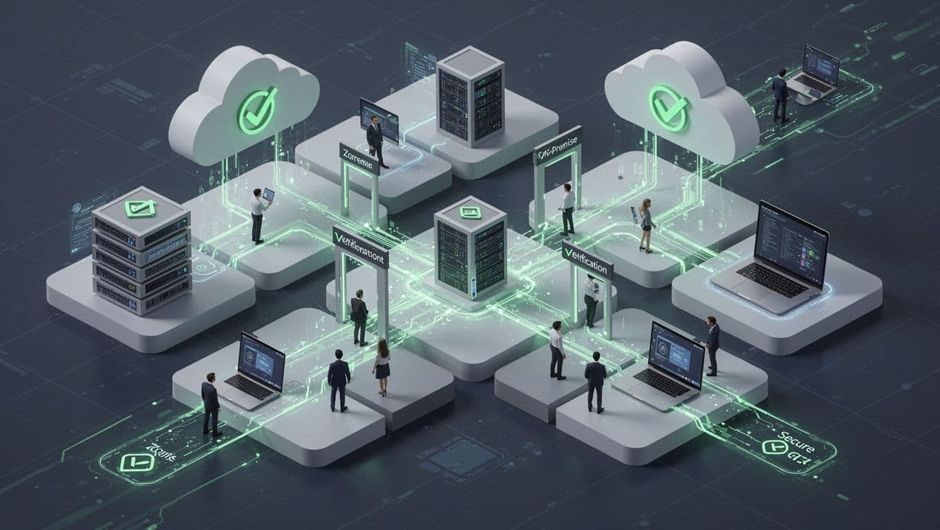 Abstract isometric illustration of zero trust network security with segmented zones, verification checkpoints, and secure paths connecting cloud and on-prem icons.