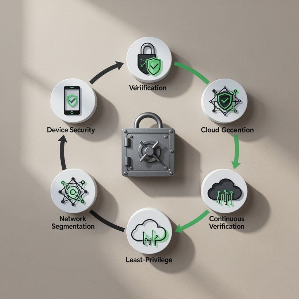 Modern illustration of Zero Trust security model pillars, identity verification, device security, network segmentation, cloud access, least privilege, continuous verification, and policy enforcement, arranged in a protective circle around a central secure data vault with clean shapes, green accents, and soft lighting.