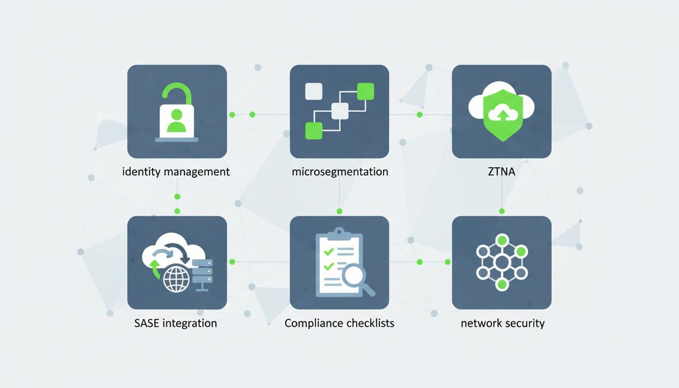 Grid of clean icons for identity management, microsegmentation, ZTNA, SASE integration, and compliance checklists on subtle network background with green accents.