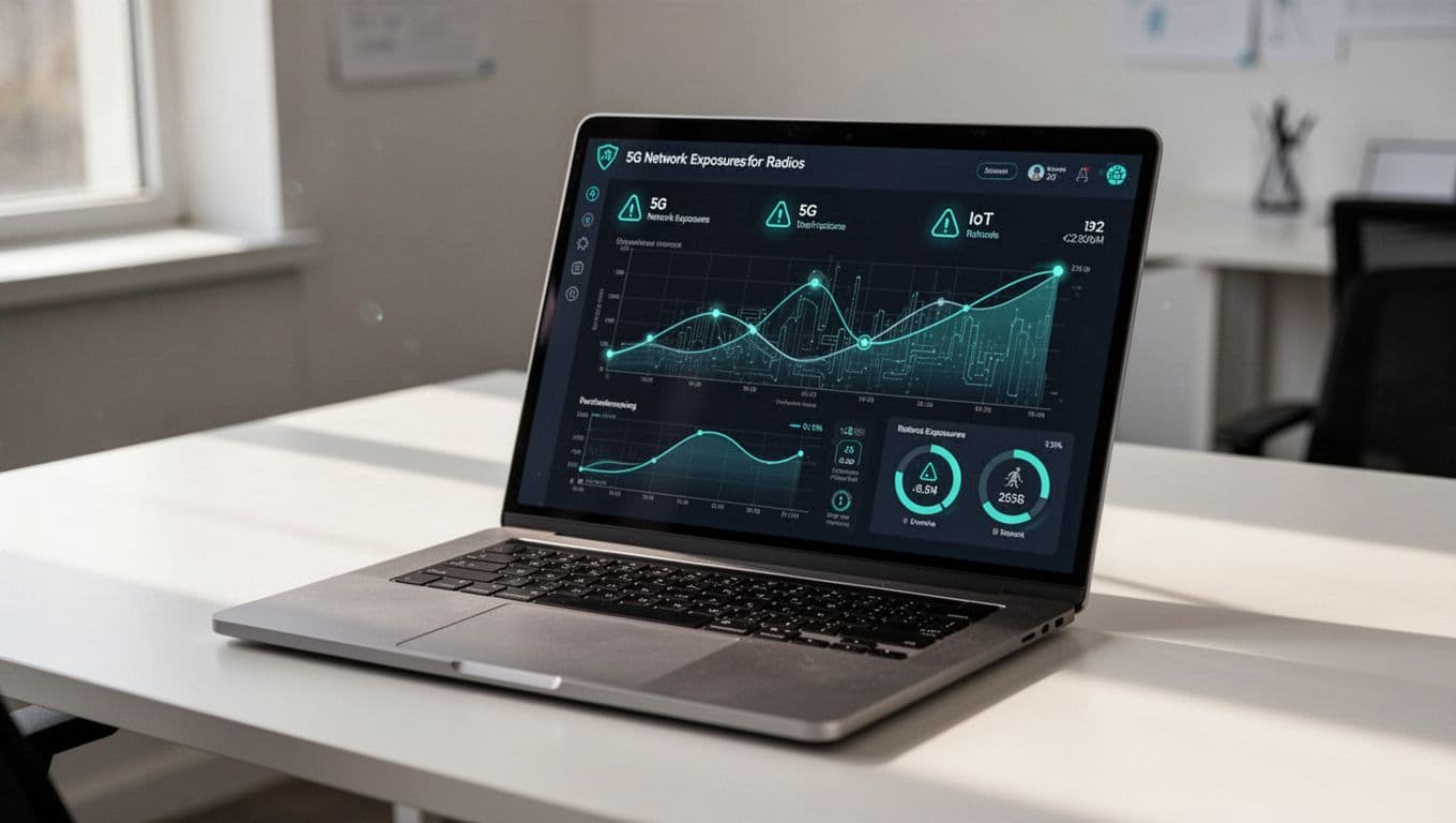 Laptop on office desk shows cybersecurity dashboard monitoring 5G exposures with graphs and alerts.
