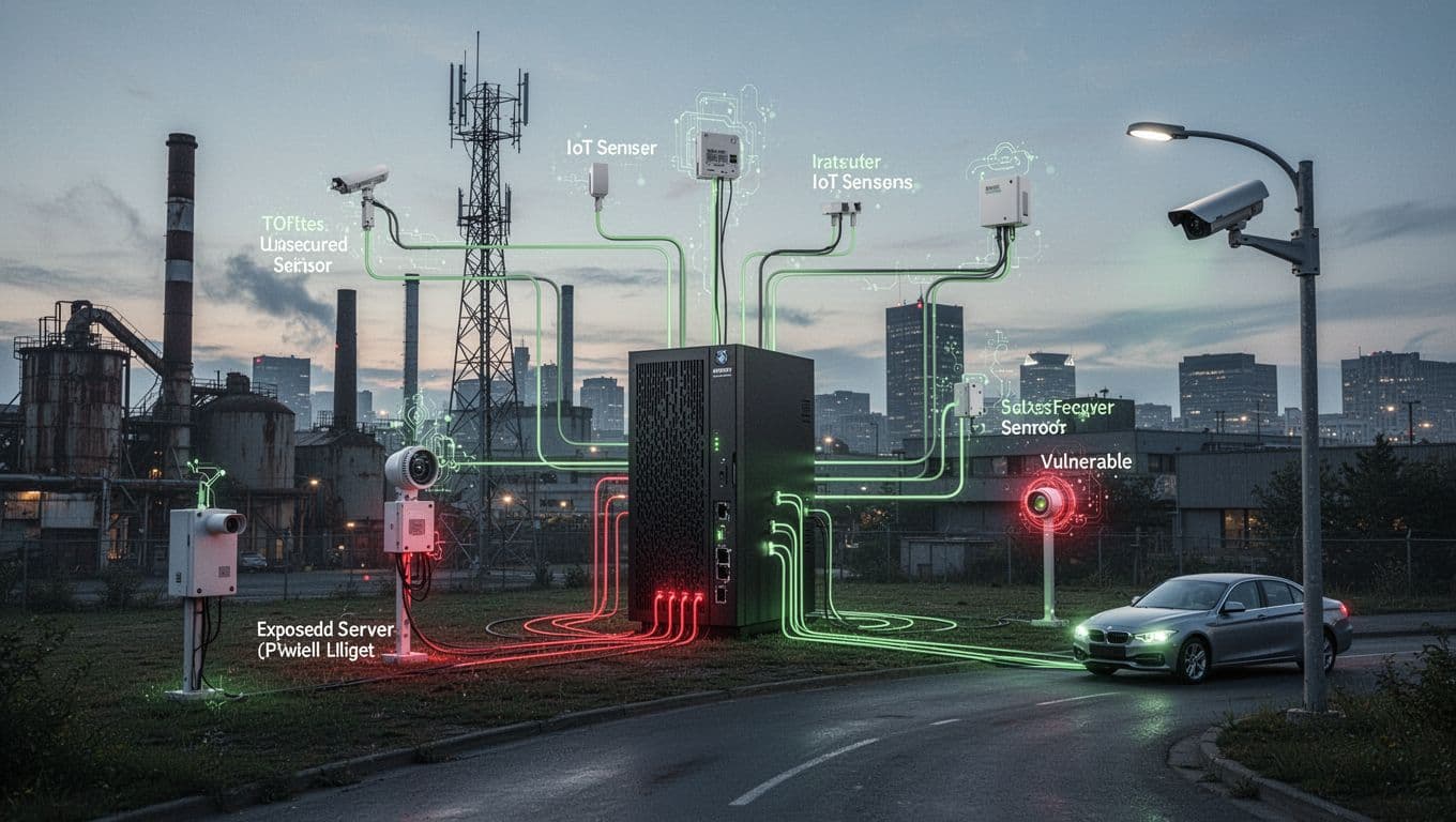 Central edge server connects to cell tower, factory sensors, street camera, and vehicle; red glows highlight vulnerabilities contrasting green secure elements in urban dusk.