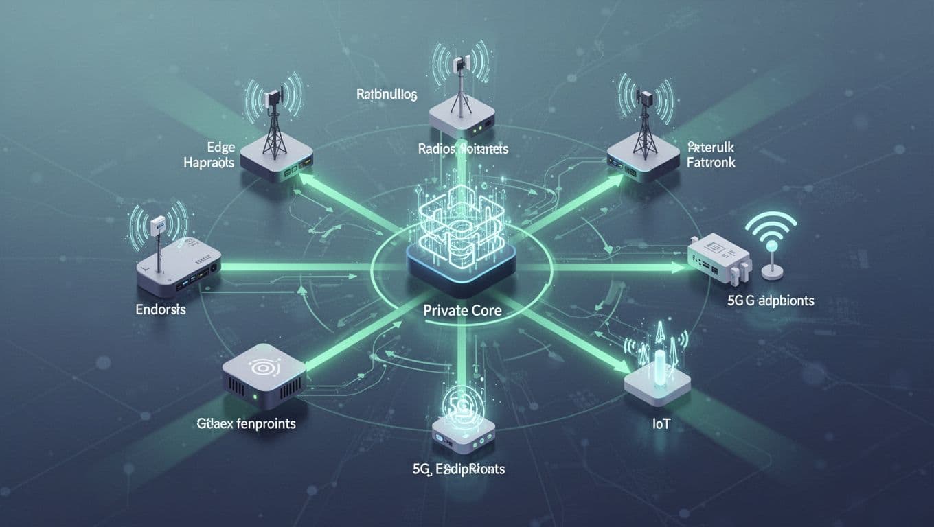Illustration depicts central network hub connecting radios, edge devices, and IoT endpoints in blue-green tones.