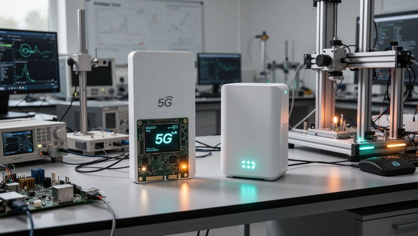 Secure lab setup tests 5G radio and IoT endpoint against simulated attack vectors with green safe-failed indicators.
