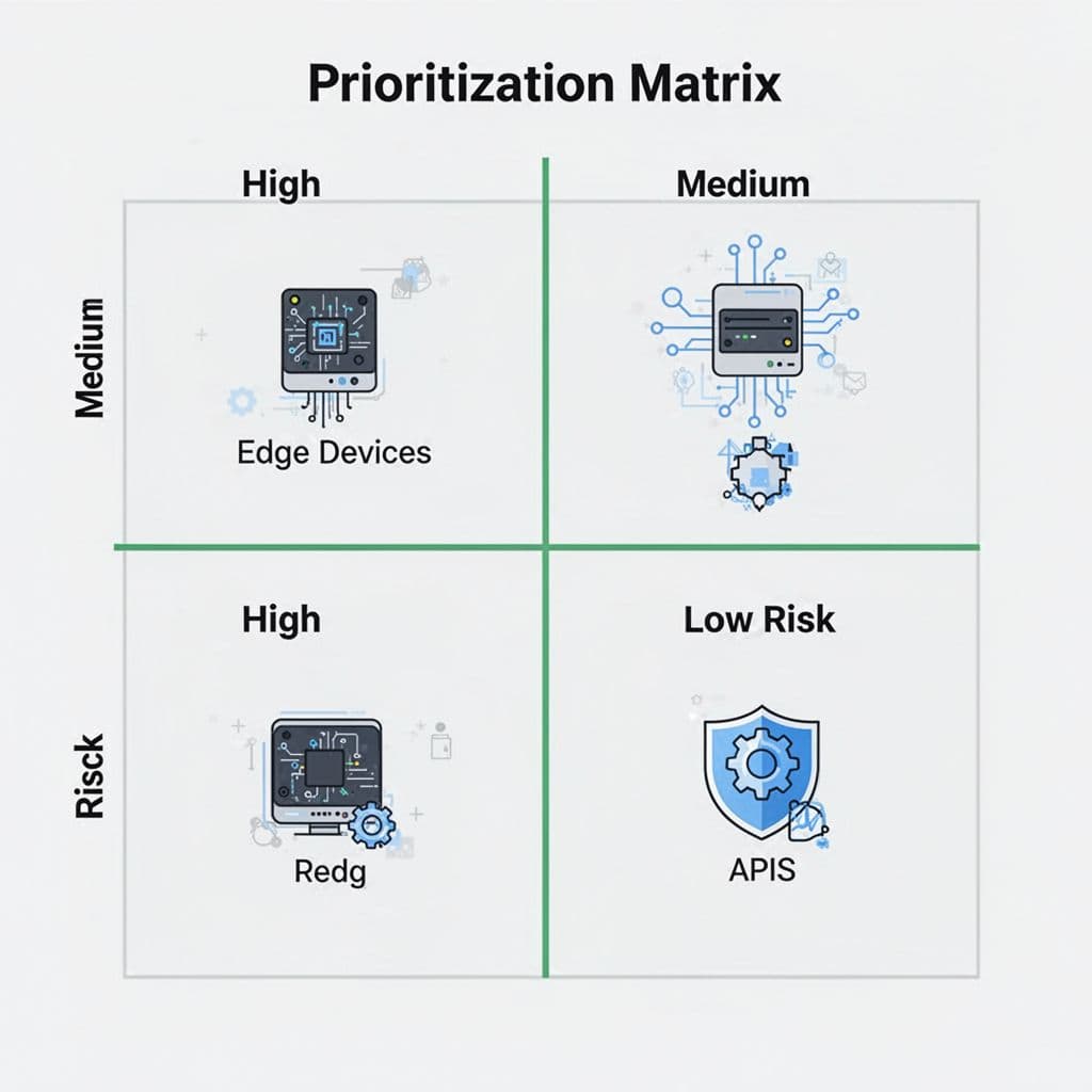 Flat grid matrix with high, medium, low risk quadrants featuring edge device and API icons, green borders.