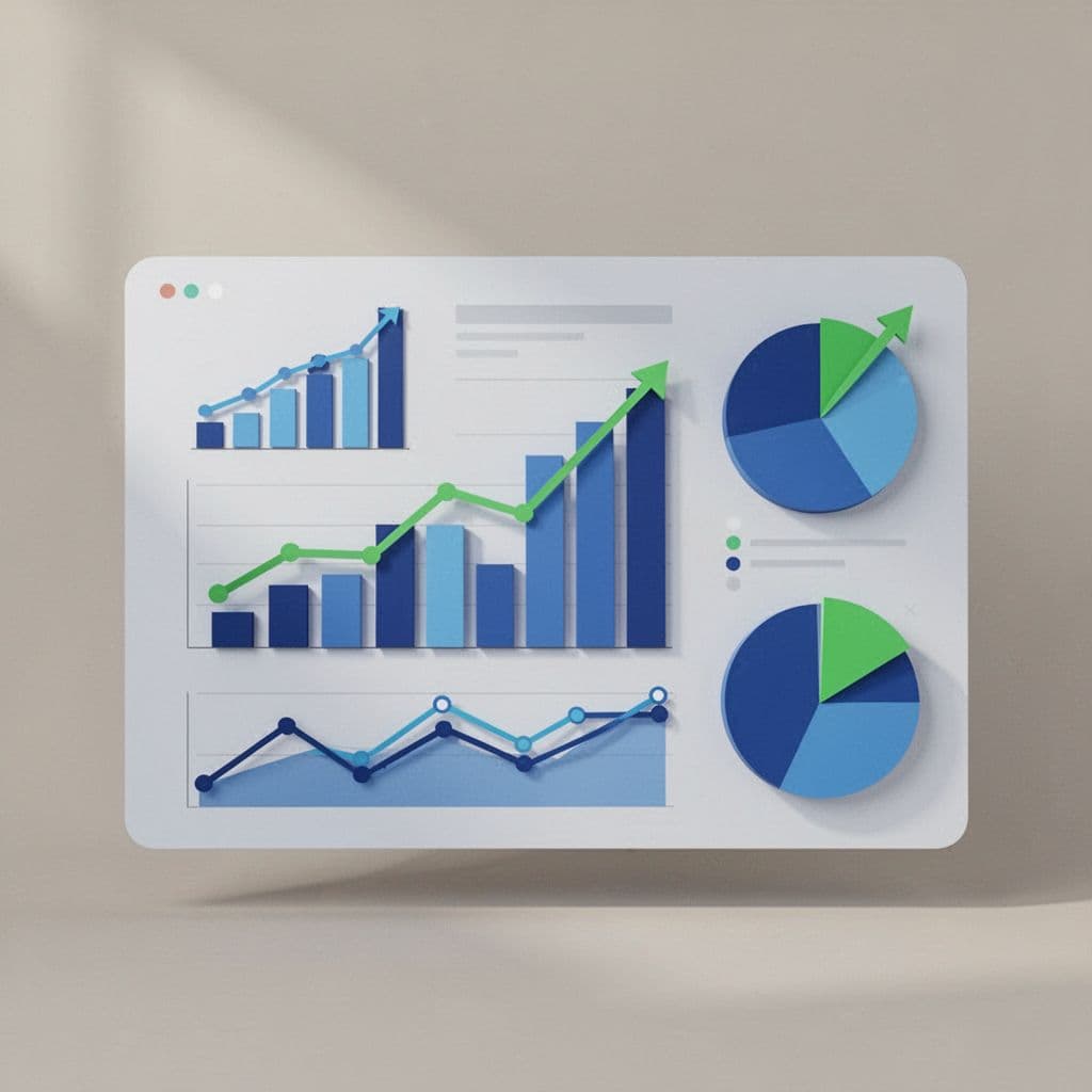 Flat illustration of KPI dashboard with bar charts, line graphs, pie charts in blues and green accents showing upward trends on neutral background.