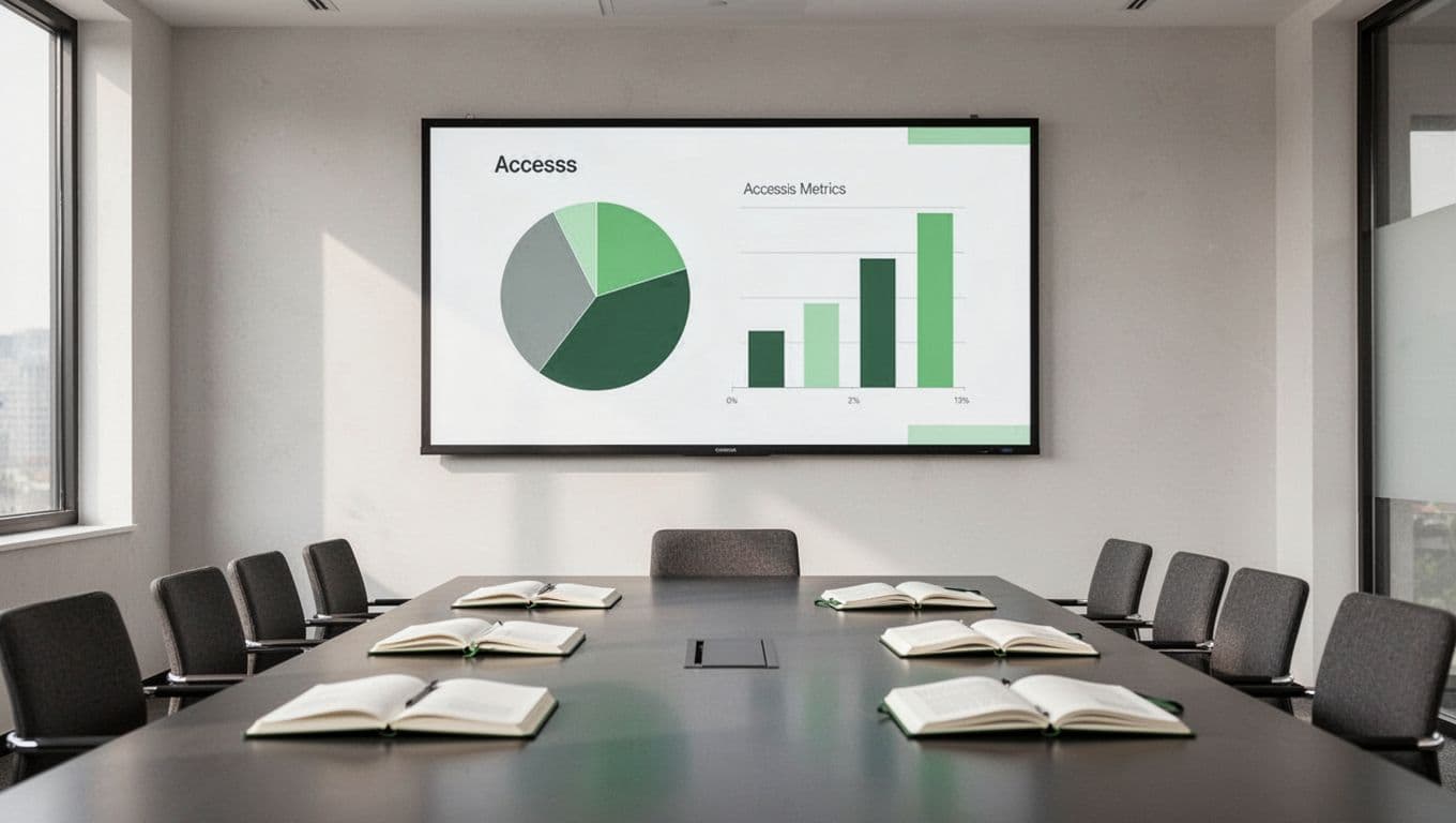 Wall-mounted screen shows pie chart and bar graph in empty startup meeting room with conference table and notebooks.