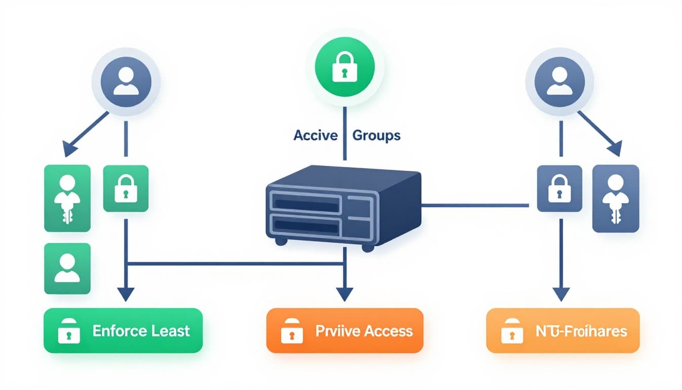 Three color-coded group icons with keys connect to locked folders around a central file server in hierarchy style.