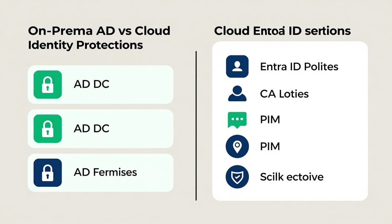 Left side shows AD domain controllers with locks and groups; right side depicts Entra ID with CA policies, PIM, and risk detection icons.