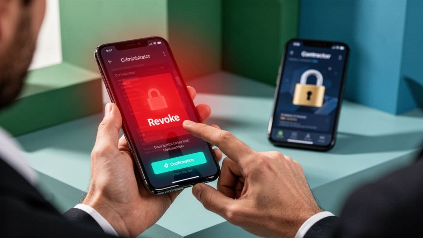 Admin clicks revoke button on phone as red alert fades and contractor device locks in background.