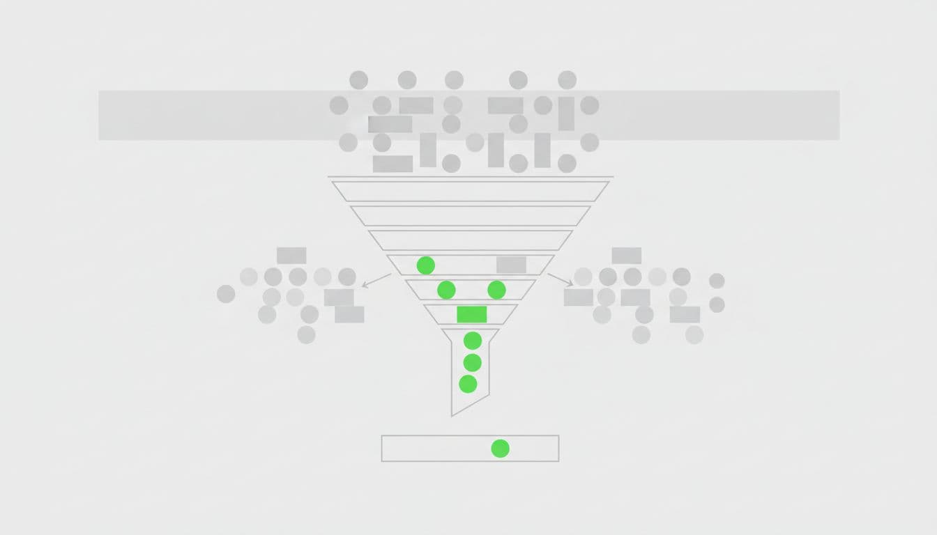 A minimalist funnel diagram illustrates the filtering process for user roles using geometric shapes and green accents.
