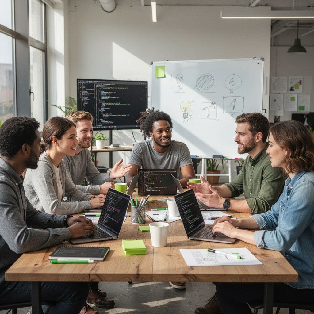 Diverse small team gathers around wooden table with laptops and whiteboard in bright open-plan startup office.