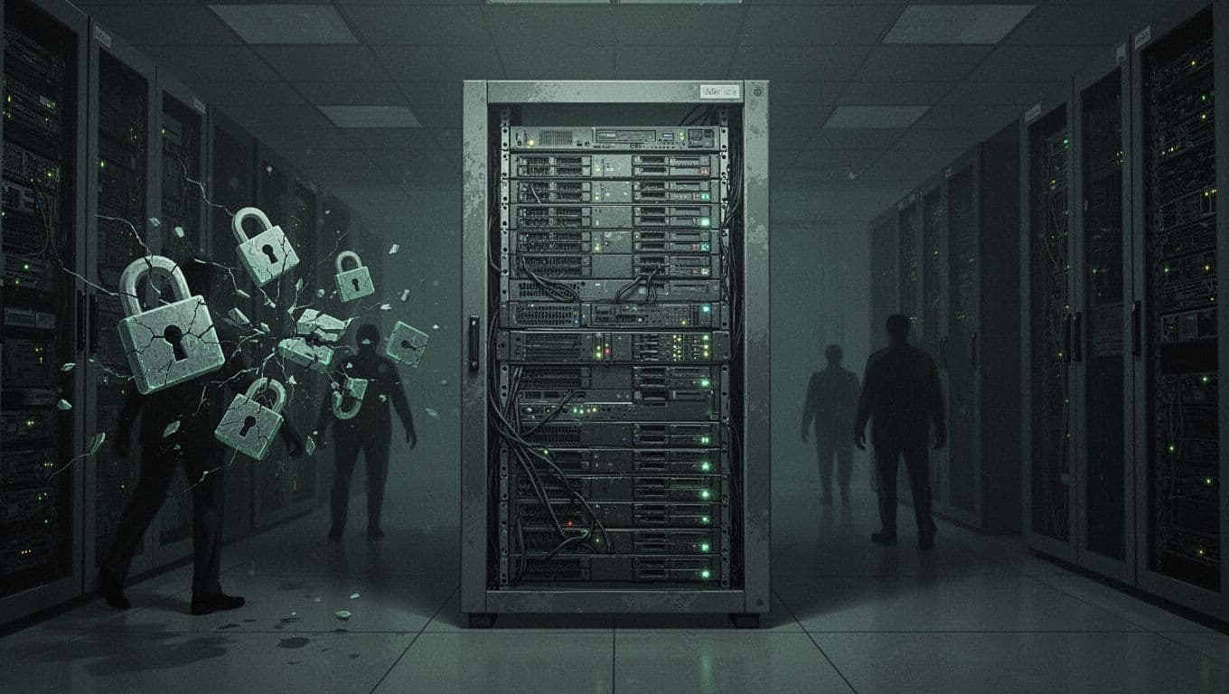 Single aging server rack in dimly lit data center with cracked locks, shadow figures, and green glow on components.