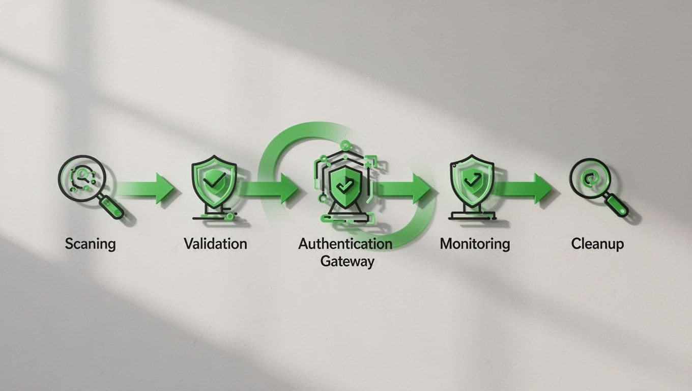 Icons connected by green arrows show scan, validate exploit, add auth gateway, monitor, and clean steps left to right.