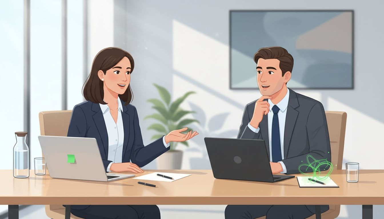 Hiring manager and candidate face across conference table with open laptops screens angled away and green note highlights.