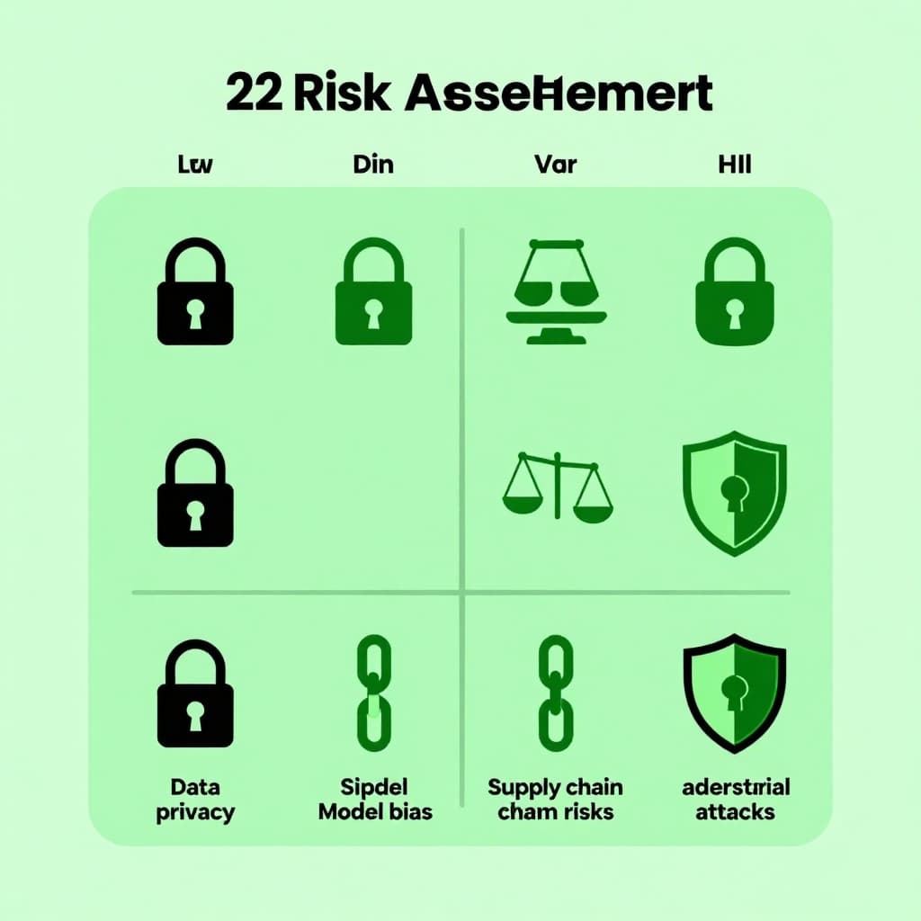 2x2 matrix with low-to-high likelihood axis horizontal and impact vertical, quadrants showing lock, scales, chain links, and shield icons.