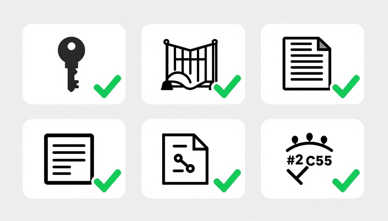 Grid of icons showing encryption key, access gate, audit log, compliance cert, pen test report, incident plan with green checkmarks on neutral background.