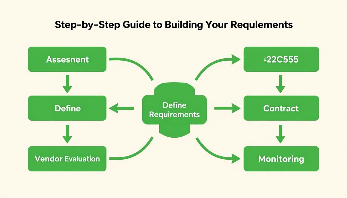 Flowchart with nodes for risk assessment, requirements definition, vendor evaluation, contract review, and monitoring, connected by green arrows on neutral background.