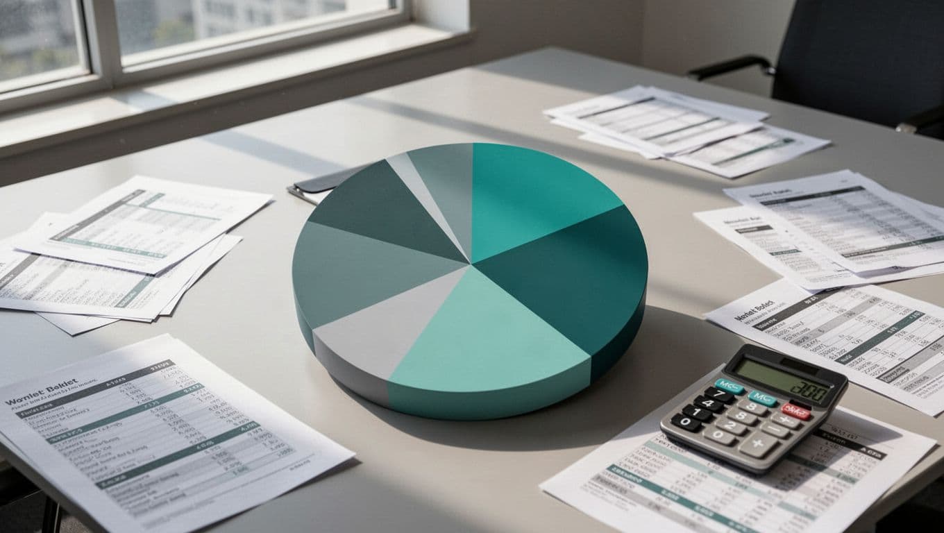 Pie chart on conference table breaks down security budget segments amid documents and calculator.
