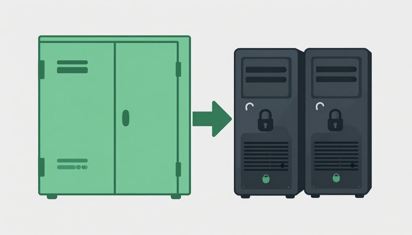 Green vault with locked files beside file server and air-gapped tape icon.