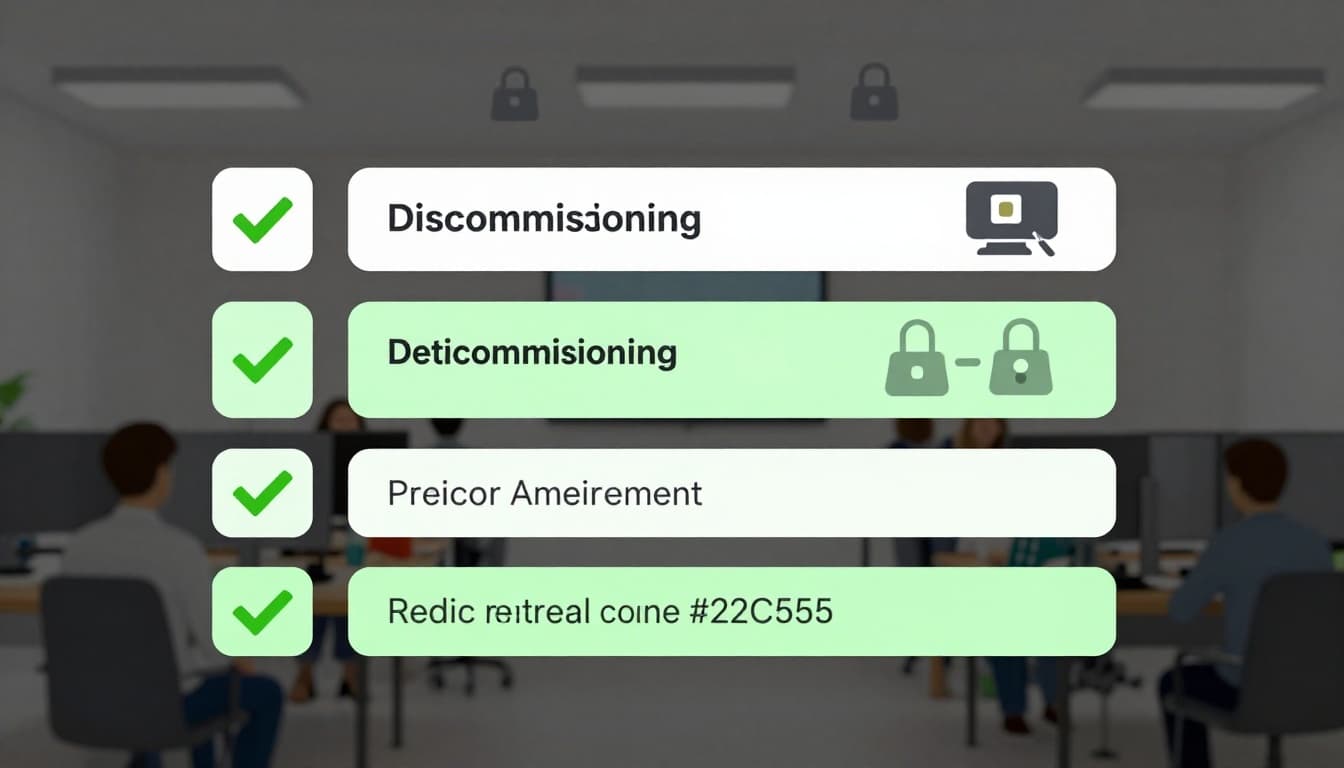 Checklist on office desk shows API retirement steps with faded icons, green checkmarks, and data wipe symbols.