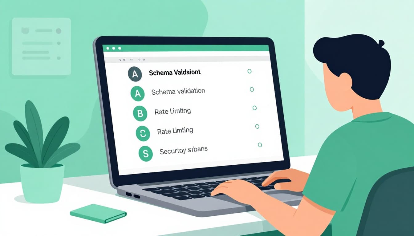 Developer at laptop runs schema validation and security scans in office, rate limiting config nearby.