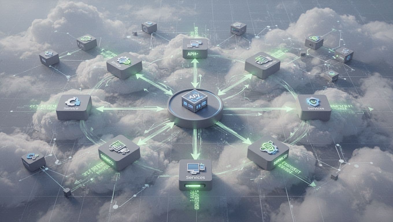 Central API gateway with arrows to scattered service pods, undocumented endpoints glowing green.